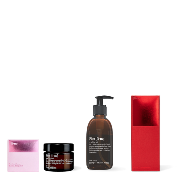 Routine Set — Cedar Bergamot Deocreme & Body Serum Energy mit Verpackungen