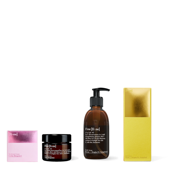 Routine Set — Cedar Bergamot Deocreme & Body Serum Focus mit Verpackungen