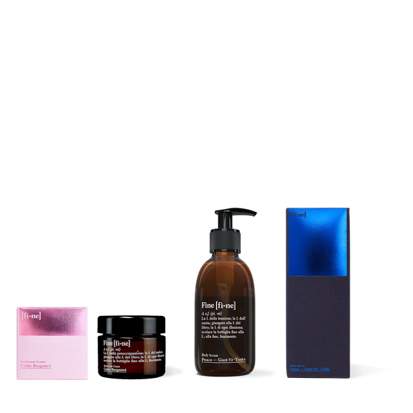 Routine Set — Cedar Bergamot Deocreme & Body Serum Peace mit Verpackungen
